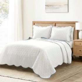 White Blue Scalloped Edge Reversible Thin Light Quilt Set (size: King/Ca King)