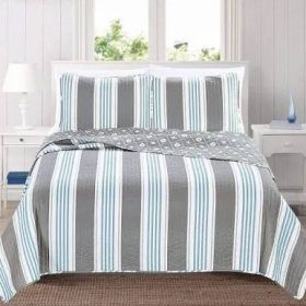 Coastal Starfish Sand Dollar Grey Blue White Nautical Quilt Set (size: King)