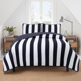Reversible Navy White Stars Stripes 100-Percent Cotton Quilt Set (size: King)