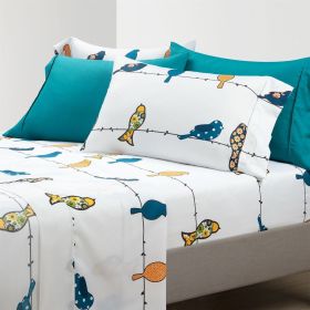Teal Yellow White Floral Birds on Wire Soft Polyester 6 Piece Sheet Set (size: King)