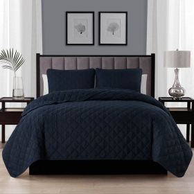 Navy Blue Polyester Microfiber Reversible Diamond Quilt Set (size: King)