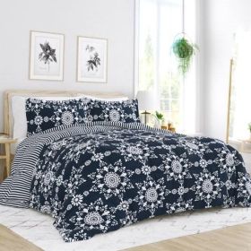 Navy Blue White Reversible Floral Striped Comforter Set (size: King)