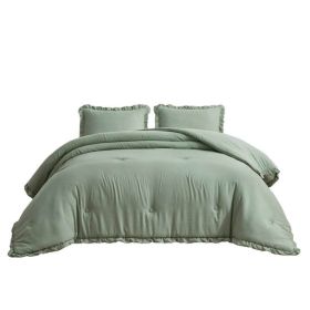 Sage Microfiber 3-Piece Comforter Set with Ruffled Edge Trim (size: King)