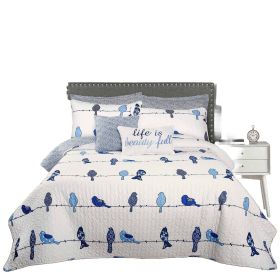 Blue White Navy Floral Birds On Wire Lightweight 7 Piece Quilt Set (size: King)