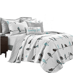 Blue Grey Birds On Wire Lightweight 7 PCS Quilt Set (size: King)