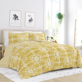 Yellow Reversible Daisy Medallion Stripped Comforter Set (size: King)