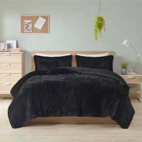 Black Soft Sherpa Faux Fur 3-Piece Comforter Set with Pillow Shams (size: King/Ca King)