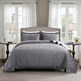 Gray Charcoal Velvet Microfiber Polyester Reversible Quilt Set (size: King)