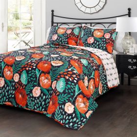Floral Red Poppy Navy Teal Lightweight 3 Piece Cotton Quilt Set (size: King)