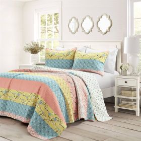 Blue Yellow Pink Ivory Boho Floral Reversible Lightweight Quilt Set (size: King)