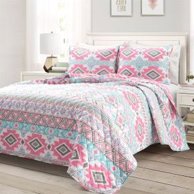 Southwest Style Polyester Pink Blue Striped Reversible Quilt Set (size: Full/Queen)