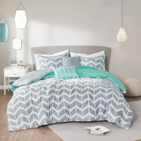 Reversible Comforter Set in Grey White Aqua Teal Chevron Stripe (size: King)