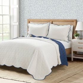 White Navy Scalloped Edge Reversible Lightweight Quilt Set (size: King)