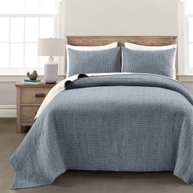 3-Piece Reversible Woven Cotton Quilt Set in Navy Cream (size: King)