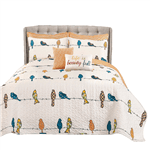 Orange White Blue Floral Birds On Wire 7 Piece Lightweight Quilt Set (size: King)