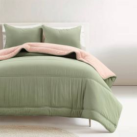 Soft Lightweight Reversible Quilted Comforter Set in Green/Pink (size: Full/Queen)