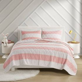 Pink White Stripe Reversible Rainbows Cotton Quilt Set (size: Full/Queen)
