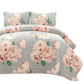 Polyester Black White Striped Rose Floral Quilt Set (size: King)