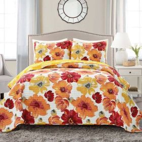 Orange Red Flowers Lightweight Polyester Microfiber Quilt Set (size: King)