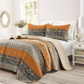 Orange Grey Floral Birds Reversible 3 Piece Quilt Set (size: King)