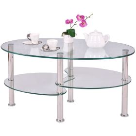 Coffee Table, Modern Oval Tempered Glass with Bottom Shelf (Option: Clear Glass)