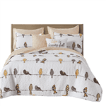 Yellow Brown Grey Floral Birds On Wire Lightweight 7 Piece Quilt Set (size: King)