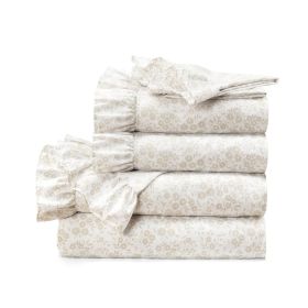 Tan White Floral Ruffle Polyester 6 Piece Sheet Set (size: King)