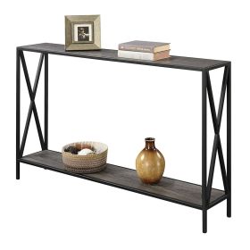 Sofa Table, Weathered Console with Bottom Shelf and Metal Frame (Color: Grey)