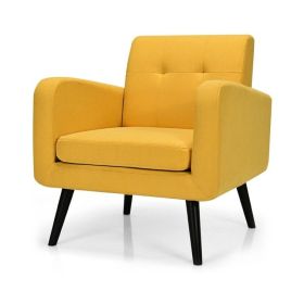 Accent Chair. Mid-Century Modern Linen Upholstered with Wooden Legs (Color: Yellow)