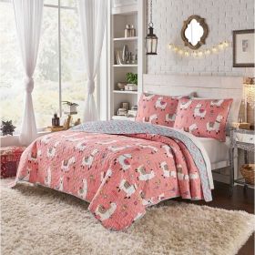Pink Blue Reversible Floral Llama 100-Percent Cotton Quilt Set (size: King)