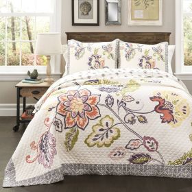 Floral Boho Cotton Off-White Navy Pastel Quilt Set (size: King)