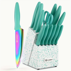 14-Piece Rainbow Colored High Carbon Stainless Steel Kitchen Knife Set, Titanium Coated Blade, Rust-Free & Super Sharp (Color: Green)