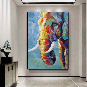 Elephant Oil Painting On Canvas, Hand Painted Impressionist - Contemporary Multi-Colored Safari Animal Fine Art Colorful Wall Art For Home Decor (Style: 01, size: 140x210cm)
