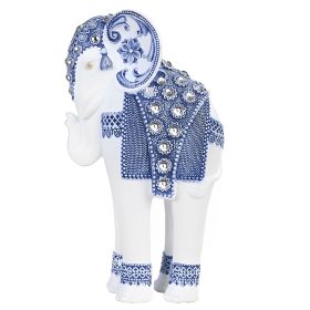9"H Standing Long Legged Elephant with Gem Slim Elephant in Blue and White Figurine Gift. Collectible (Model: GSC7888254)