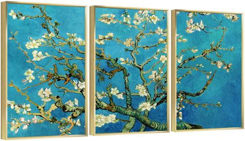 Wall Art, Flowering Dogwood Tree, 3 Panels of Framed Canvas Wall Art Oil Paintings Impressionism Aesthetic (GOLD: 24*36)