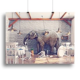 An elephant in a restaurant interior, Canvas Print or Poster (Type: Standard Framed Canvas Print, size: 40" x 26" / 100cm x 65cm (approx))