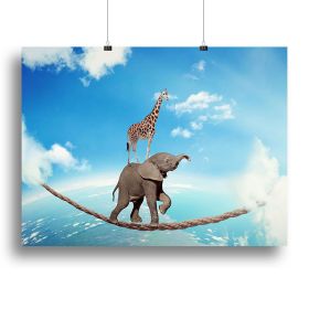 Elephant with giraffe walking on dangerous rope high in sky Canvas Print or Poster, various sizes (Type: Standard Framed Canvas Print, size: 40" x 26" / 100cm x 65cm (approx))