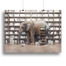 An elephant in the room with book shelves Canvas Print or Poster (Type: Standard Framed Canvas Print, size: 12" x 8" / 30cm x 20cm (approx))