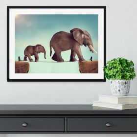 Elephants, Mother and baby elephant on a tightrope Framed Print, Various Sizes (Color: White/With White Edging, size: 48" x 32" / 120cm x 80cm (approx))