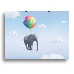 Elephant attached to balloons flying through puffy cloud sky on Canvas, Print or Poster, Various Sizes (Type: Poster Print, size: 16" x 12" / 42cm x 30cm (approx))