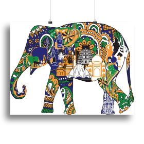 Elephant with symbols from India Canvas Print or Poster various sizes (Type: Standard Framed Canvas Print, size: 16" x 12" / 42cm x 30cm (approx))