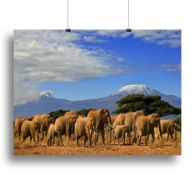 Elephant Herd with Kilimanjaro Canvas Print or Poster, Various Sizes (Type: Poster Print, size: 24" x 16" / 60cm x 40cm (approx))