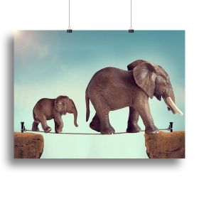 Elephants, Mother and baby elephant on a tightrope, Canvas Print or Poster, Various Sizes (Type: Standard Framed Canvas Print, size: 32" x 24" / 80cm x 60cm (approx))
