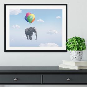 Elephant attached to balloons flying through puffy clouds, Framed Print, Various Choices, Various Sizes (Color: Black/No White Edging, size: 36" x 24" / 90cm x 60cm (approx))