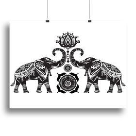 Elephants, Stylized decorated elephants and lotus flower Canvas Print or Poster, Various Sizes (Type: Standard Framed Canvas Print, size: 16" x 12" / 42cm x 30cm (approx))