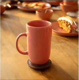 Ceramic Peach/Pink Coffee Mug With Wooden Lid (Color: Pink)