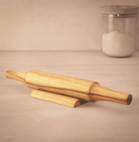 Teak Wood Rolling Pin With Stand Set (Color: Brown)